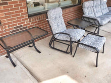 Telescope Casual 7-PC Outdoor Set in Black Aluminum with Blue & White Cushions