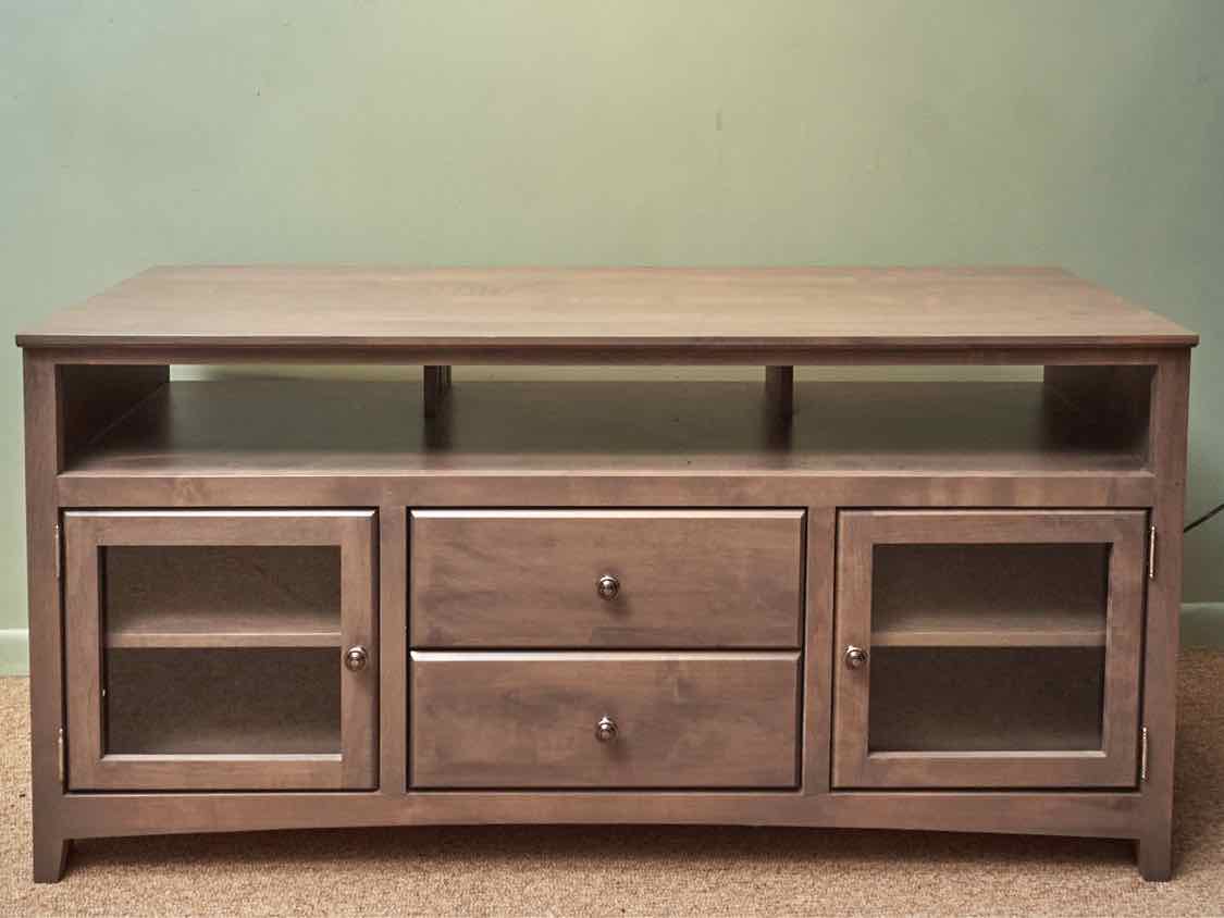 Gray Wash Media Furniture with 2 Glass Doors & 2 Drawers with Nickel Knobs