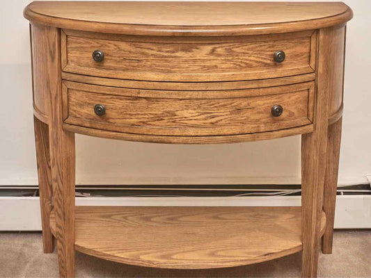 Ballard Design Oak 2 Drawer & Lower Shelf Demi Lune  Accent Table