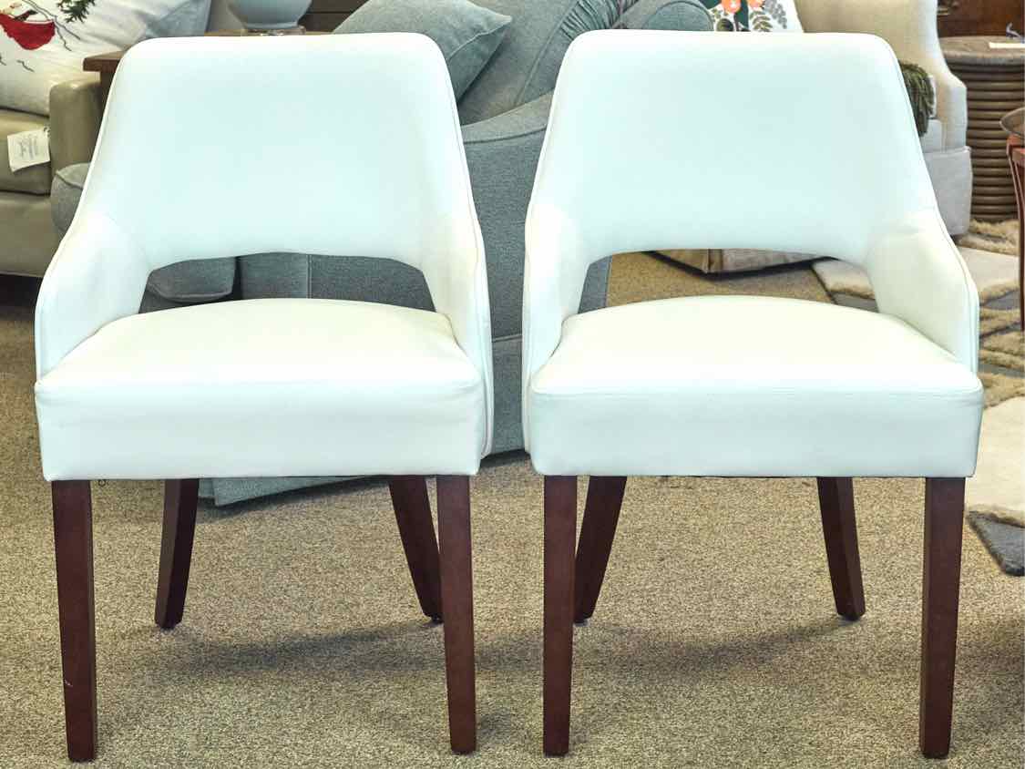 Pair of Bonded White Leather Arm Chairs with Espresso Stain legs