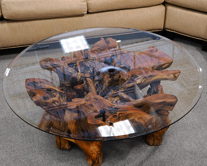 Round Glass Top Cocktail Table w/ Root Ball Pedestal