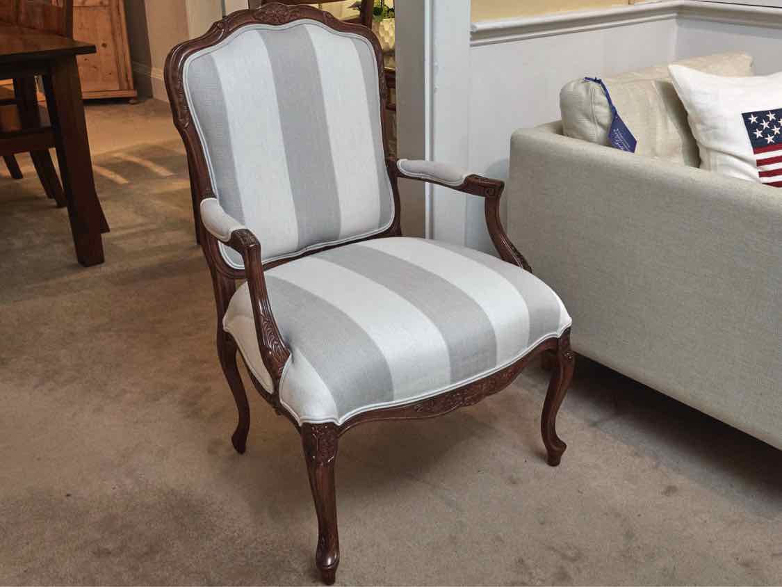 Pair Of Ballard Design French Inspired White & Gray Striped Arm Chairs