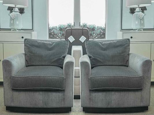 Pair of Wesley Hall Upholstered Swivel Chairs in Grey Velvet