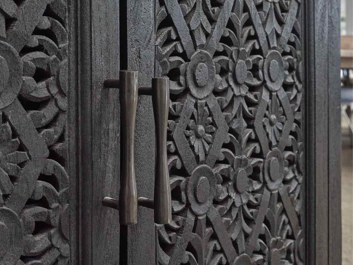 Black Bar Carved 2 Door Wine Cabinet w/ Glass Rack