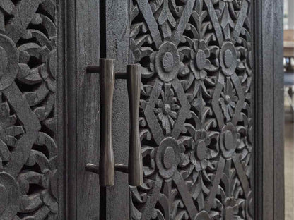 Black Bar Carved 2 Door Wine Cabinet w/ Glass Rack