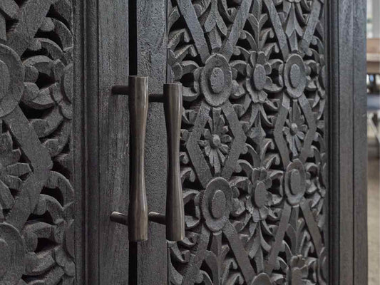 Black Bar Carved 2 Door Wine Cabinet w/ Glass Rack