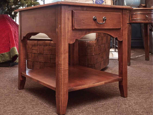 Ethan Allen Cherry Plank Top Side Table with 1 Drawer & Shelf