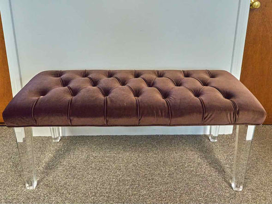 Brown Performance Velvet Ottoman with Tufted Buttons & Lucite Legs