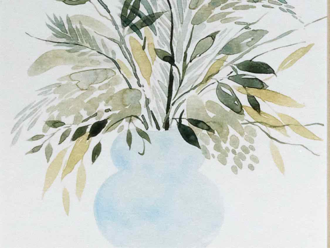 'Greenery Bouquet I' Watercolor Print in Natural Wood Frame
