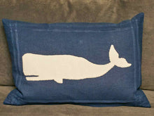 White Whale Applique Indigo Linen Lumbar Accent Pillow