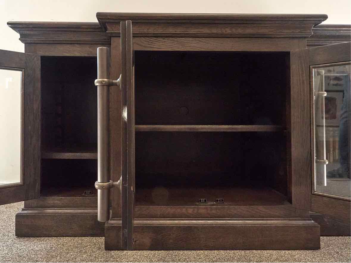 RH Brass Pull Bar Media Console w/Glass Doors & Dark Wood Finish