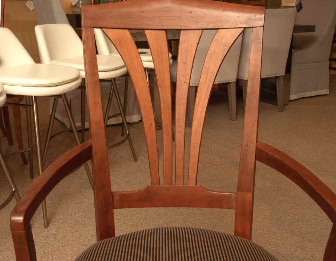 Cherry Arm Dining Chair with Taupe & Black Stripe Seat Cushion