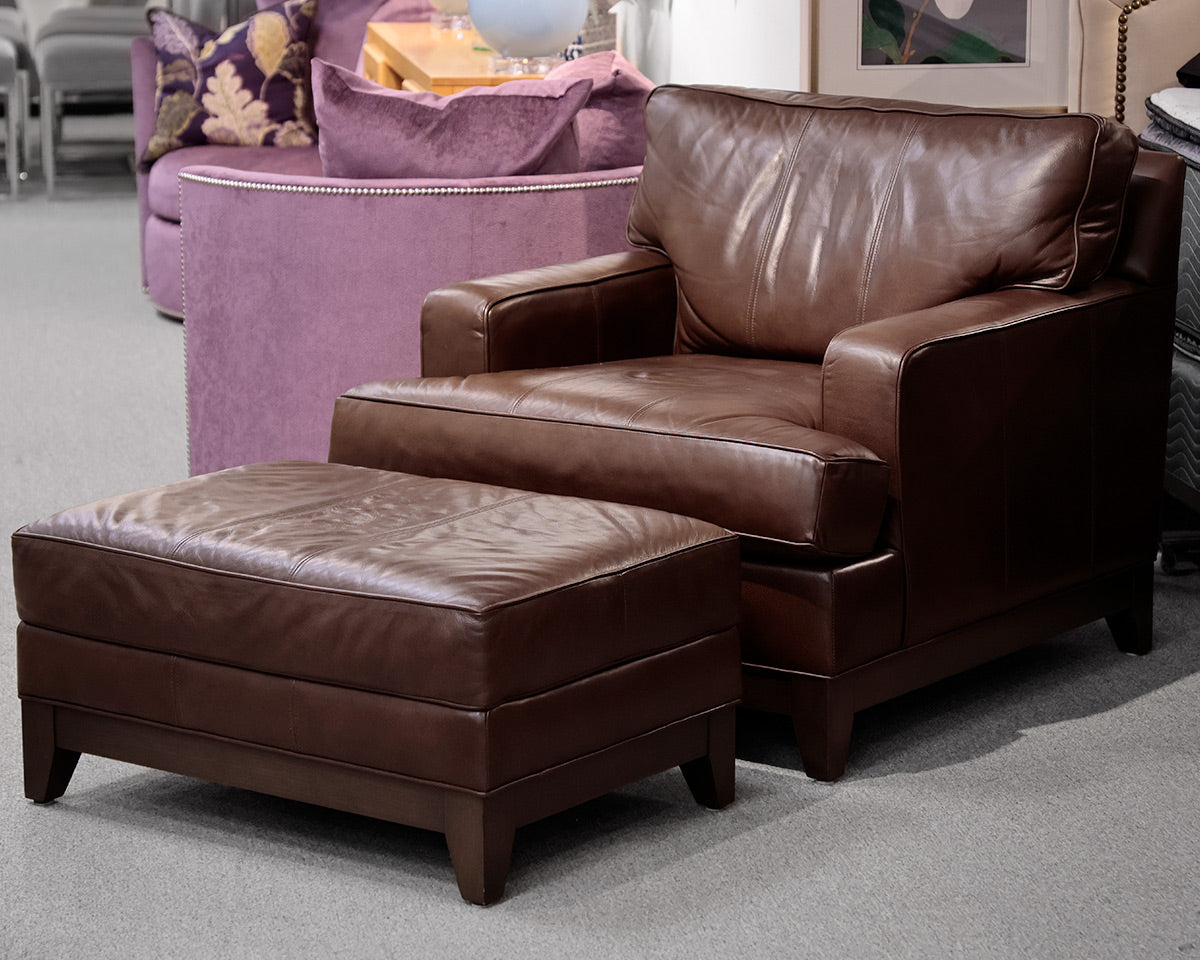 Ethan Allen Brown Leather Club Chair and Ottoman