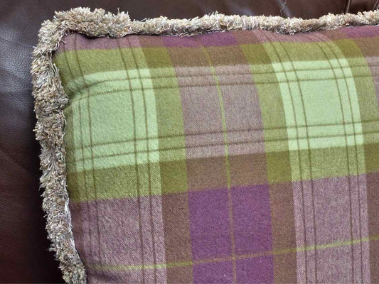 Pair Of Wool Blend Green & Purple Plaid & Fringe Accent Pillows