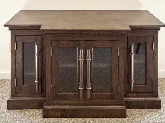 RH Brass Pull Bar Media Console w/Glass Doors & Dark Wood Finish