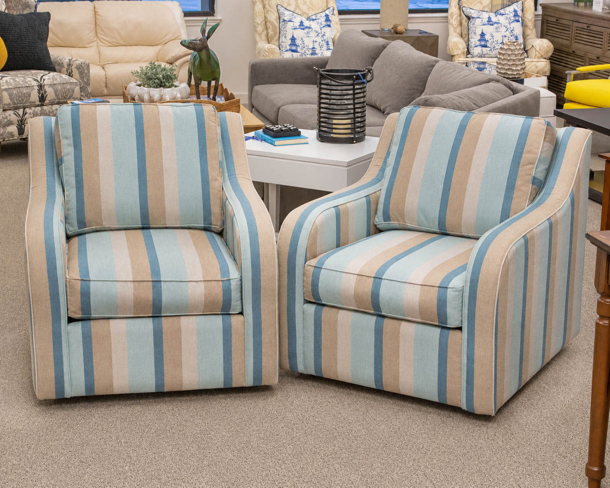 Pair of Jupiter Slope Arm Swivel Chairs in Gateway Mist Striped Sunbrella Fabric
