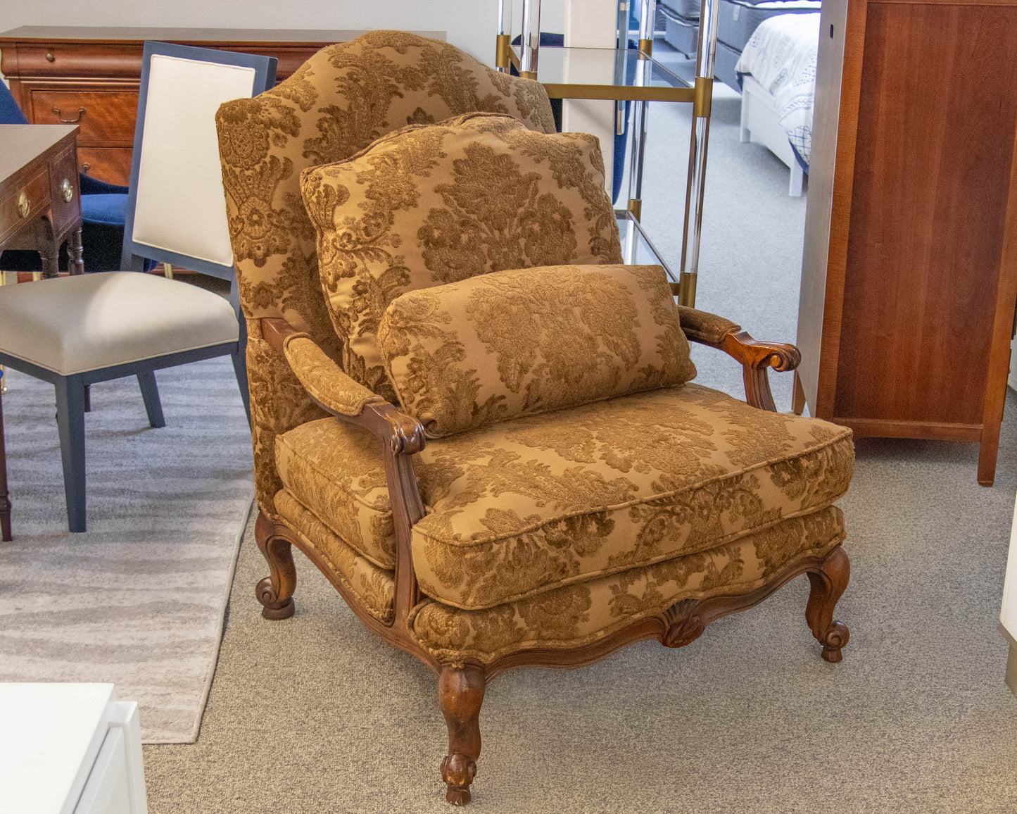 Thomasville Bergere Chair with Damask Tone on Tone Upholstery