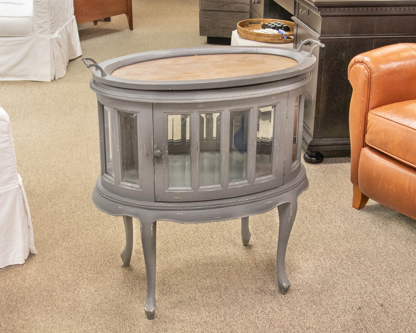 Arhaus Louise Tea Table in Grey Finish with Glass Cabinet and Tray Top