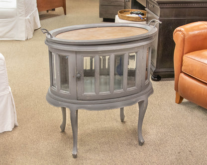 Arhaus Louise Tea Table in Grey Finish with Glass Cabinet and Tray Top