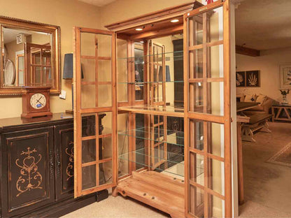 Pine 2 Glass Door 5 Glass Shelf Display Cabinet