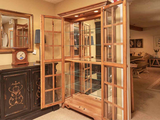 Pine 2 Glass Door 5 Glass Shelf Display Cabinet