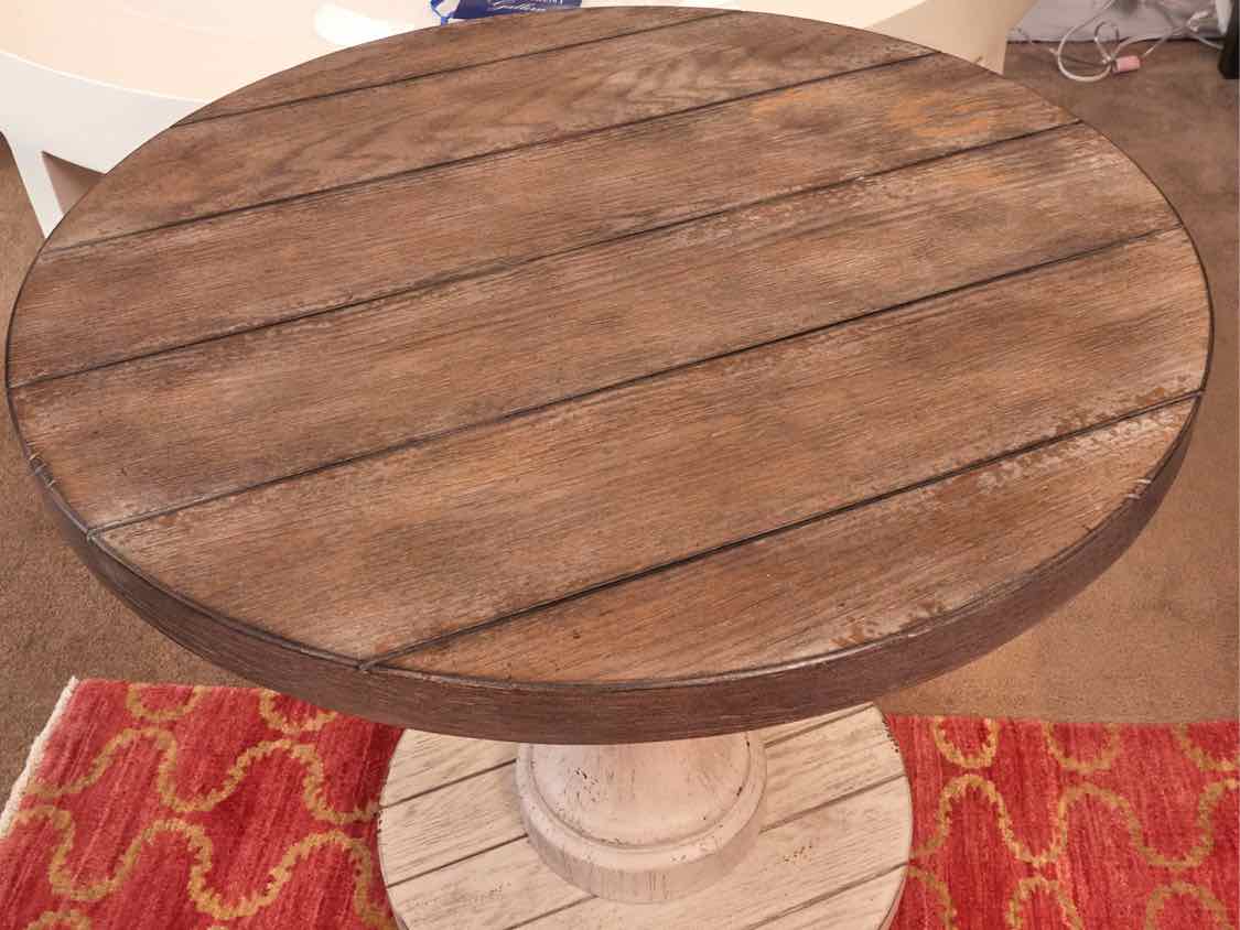Round Driftwood Finish Plank Top Side Table with Pedestal Base