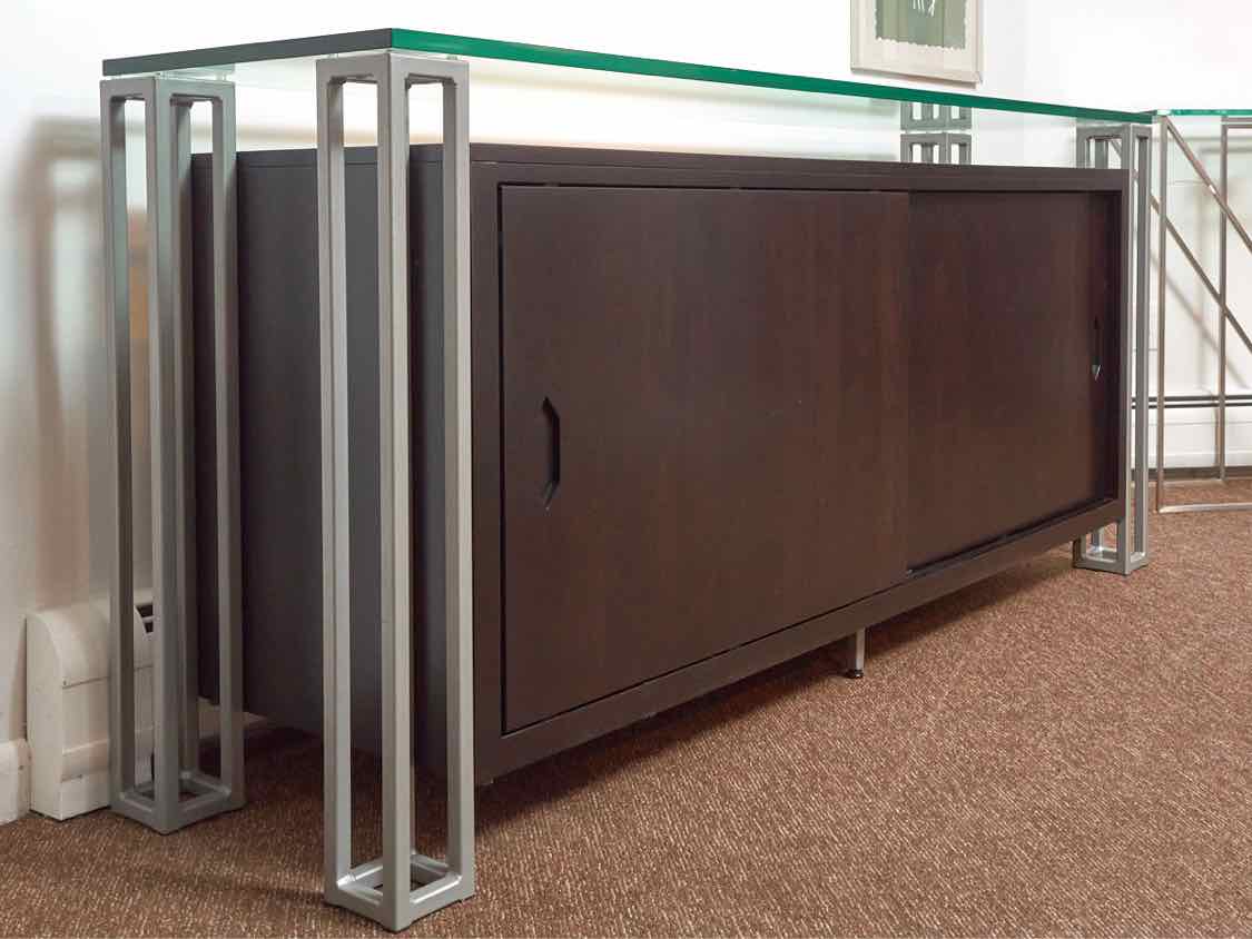 Contemporary Glass Top Walnut  Finish Metal Accents  2 Sliding Doors Server