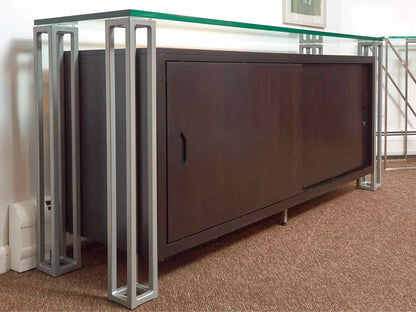 Contemporary Glass Top Walnut  Finish Metal Accents  2 Sliding Doors Server