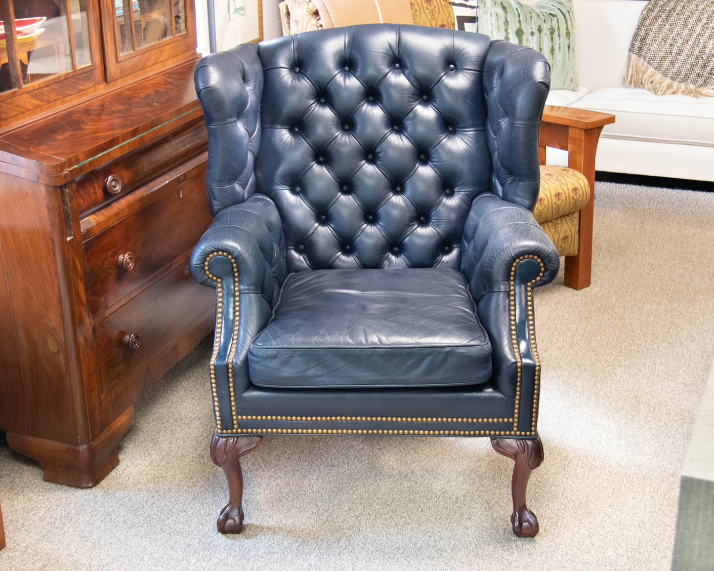 Leathercraft Navy Leather Wing Chair
