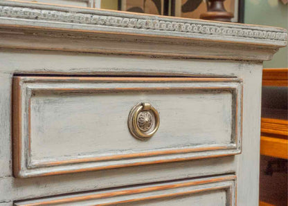 Distressed Grey Finish 7 Drawer Writing Desk With Reeded Legs