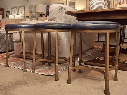 Set Of 3 'Colbalt Blue' Leather Brass Finish Metal Legs Counter Stools