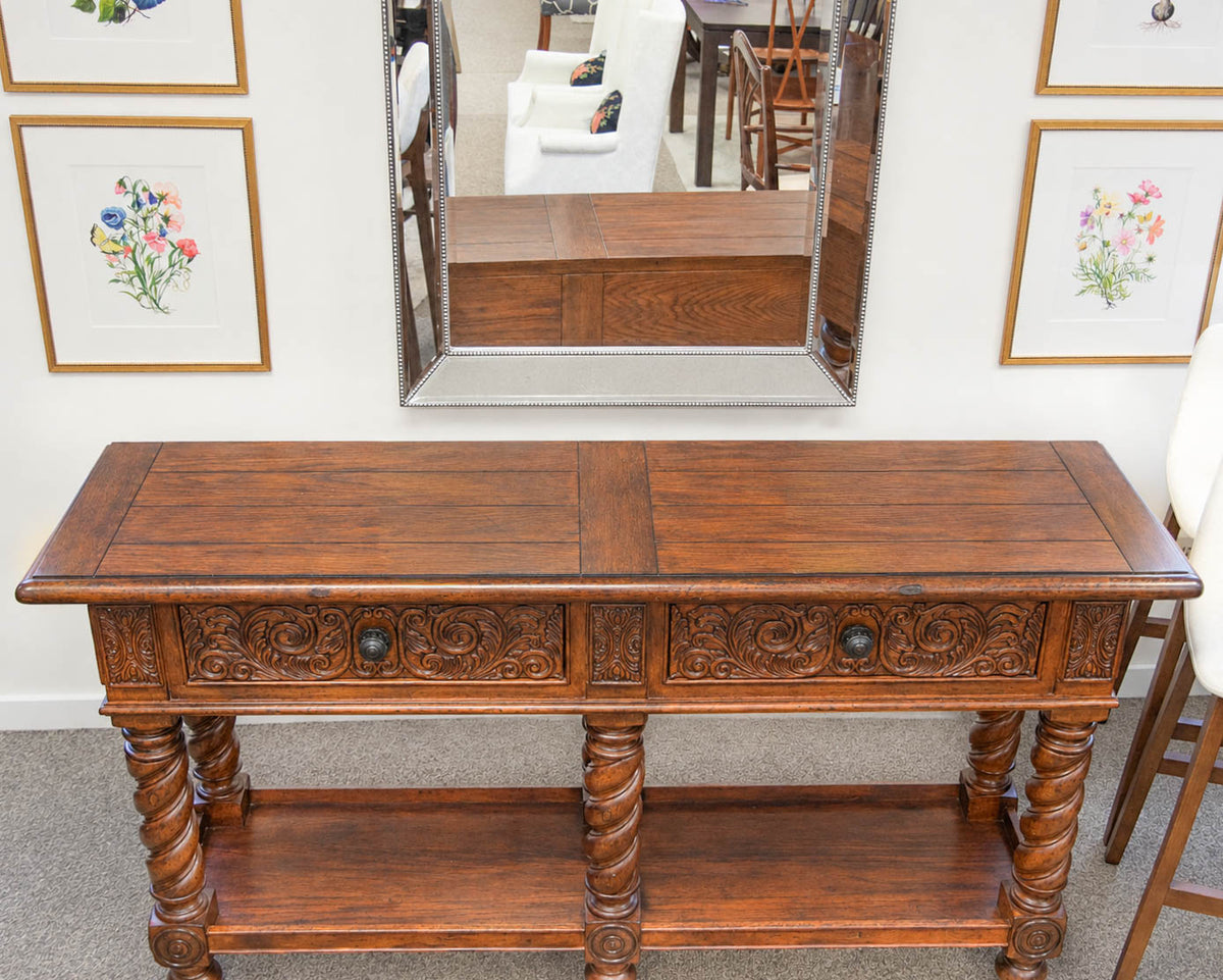 Broyhill Carved Oak Buffet Table W/ 2 Darwers On Spiral Barley Twist Legs
