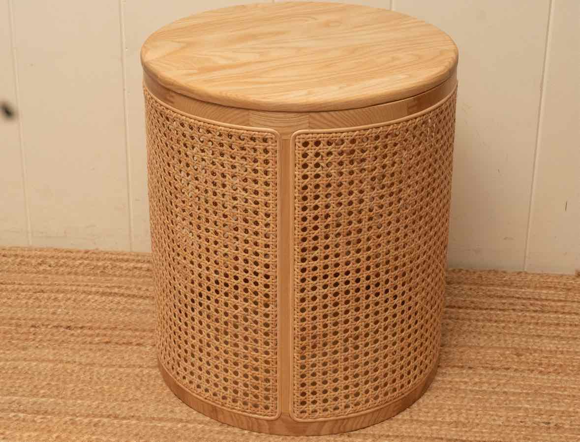 Round Natural Wood With Woven Rattan Storage Accent Table