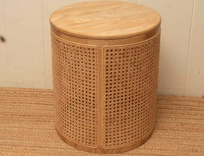 Round Natural Wood With Woven Rattan Storage Accent Table
