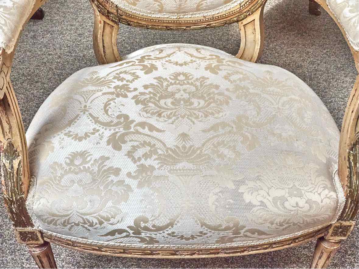 Louis XIV Cream Damask Arm Chair with Gold Carved Frame
