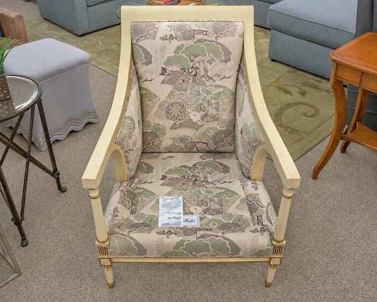 Baker Arm Chair & Ottoman Set Wood Framed with Green Brown and Cream Upholstery