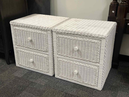 Pair of White Wicker Nightstands