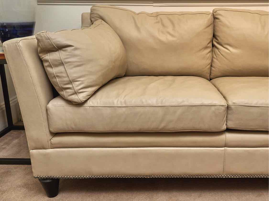 Century Furniture Taupe Leather 3 Cushion  Sofa With Nailhead Trim