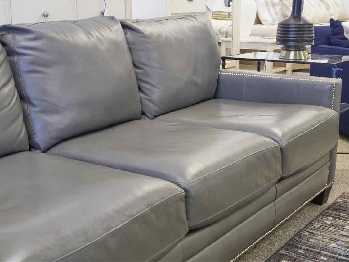 Basset Light Gray Leather Sofa With Nailhead Trim
