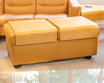 Ekornes Lift Top Storage Ottoman in Camel Leather W/ Maple Tray Tops