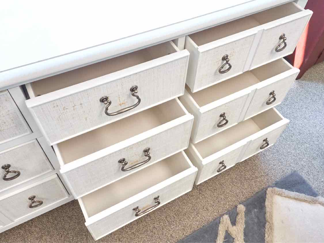 Tommy Bahama White 9 Drawer  Dresser with Rattan Drawer Fronts & Mirror