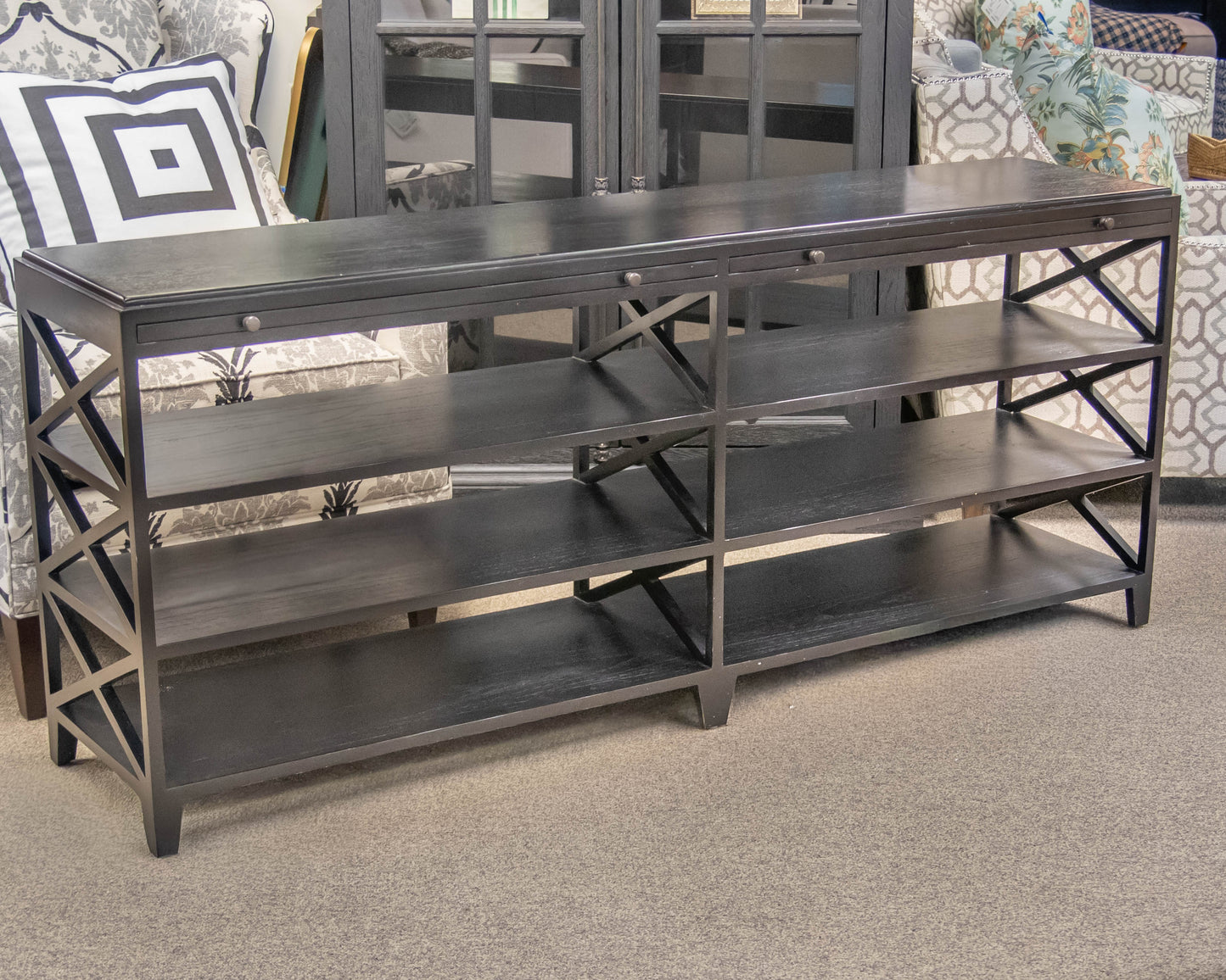 Low Display Console with Pullout Shelves in Black