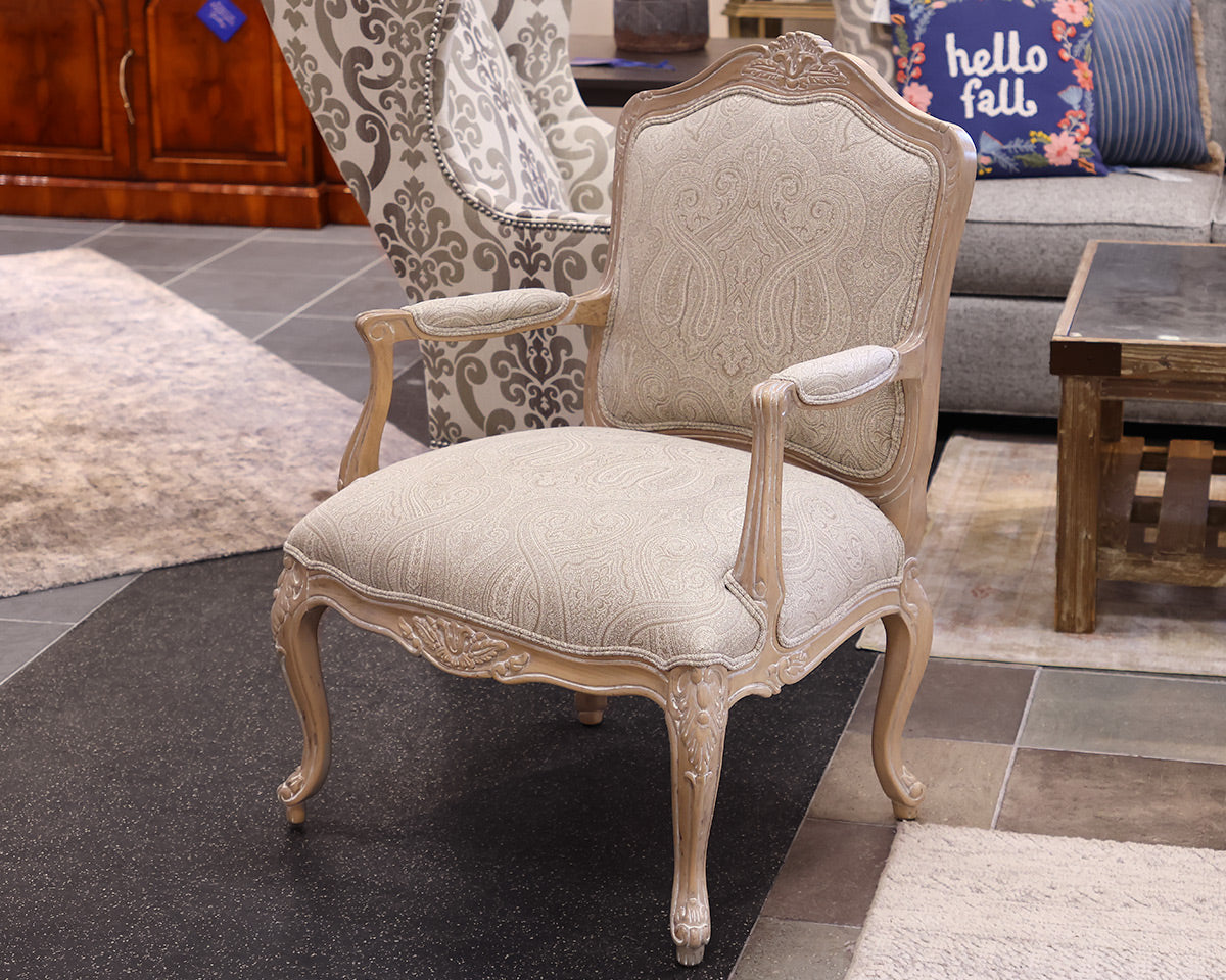 Ethan Allen French Bergere Chair in Neutral Damask with Limed Wood Finish