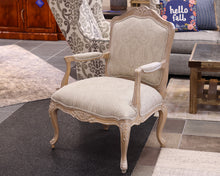 Ethan Allen French Bergere Chair in Neutral Damask with Limed Wood Finish