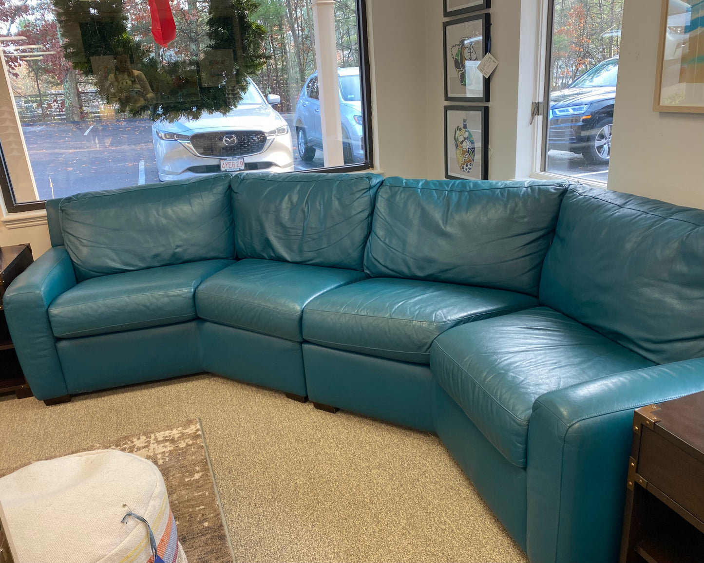 American Leather' Lisben' Wedge 2 Piece Teal Leather Sectional