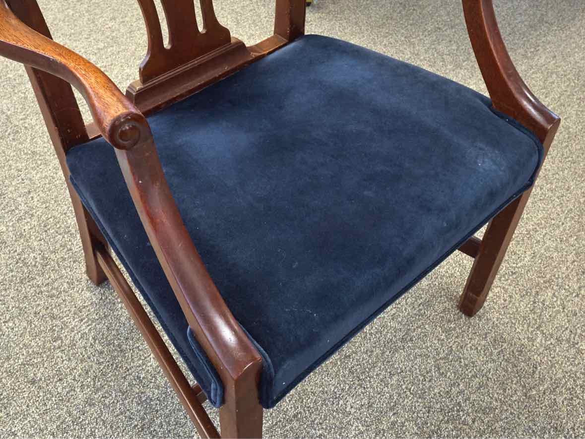 Set of 8 Carved Mahogany Dining Chairs with Dark Blue Velvet Seats