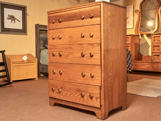 Oak 5 Drawer Chest with Double Wood Knobs