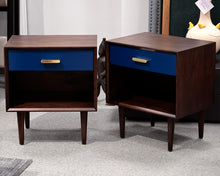 Pair of Espresso Wooden Nightstands With Navy Drawers