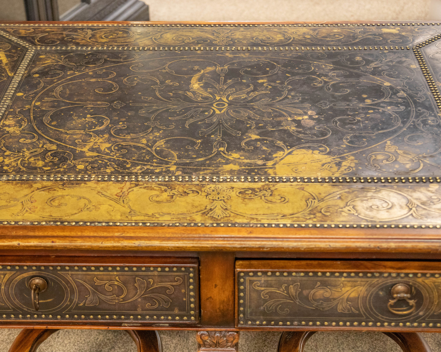 Regency Cocktail Table with Embossed Brass Panels and Side Pullouts