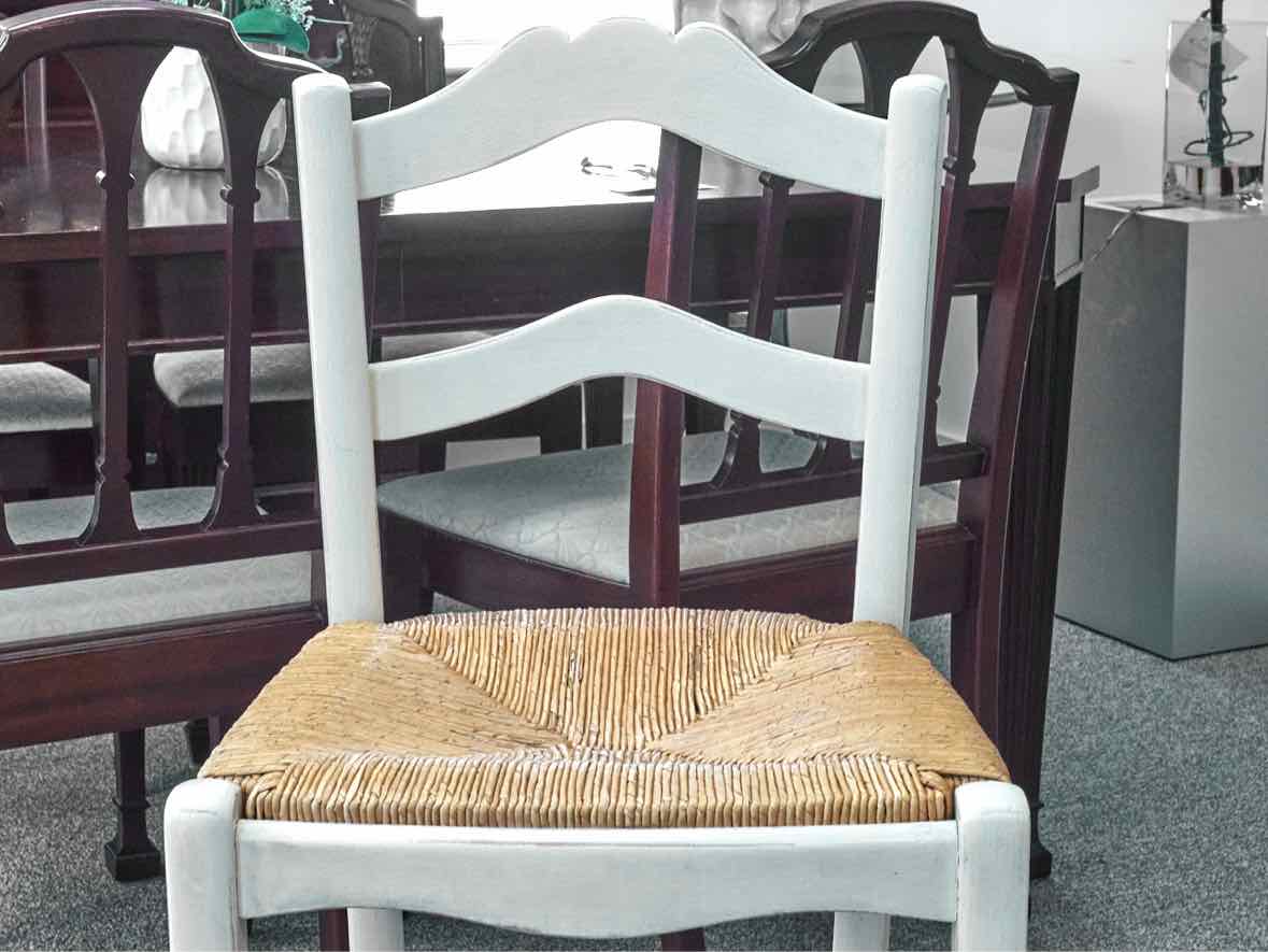 Set of 3 Ballard Designs Lemans Counter Stools in Cream with Rush Seats